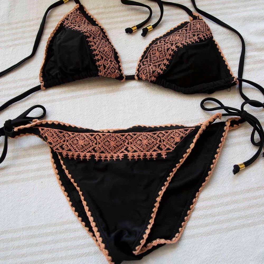 Black and Pink Embroidered String Bikini w/Bonus Top